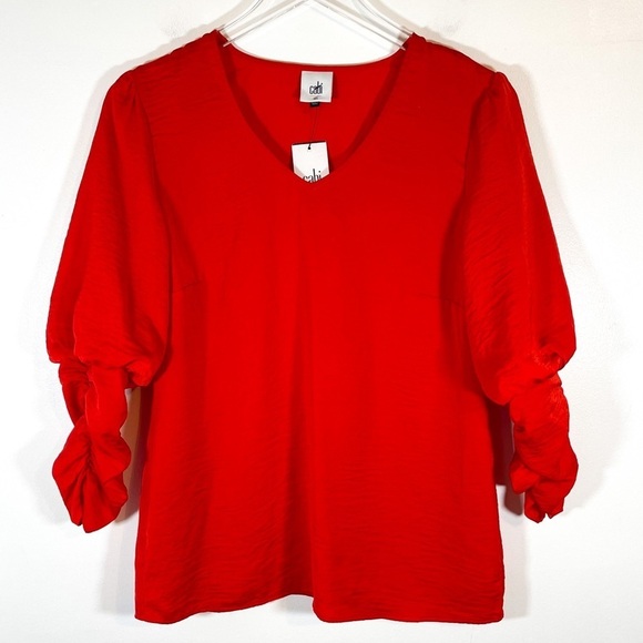 CAbi Tops - NWT CAbi Red V-Neck Collarless 3/4 Ruched Sleeve Pullover Blouse Top Size XS